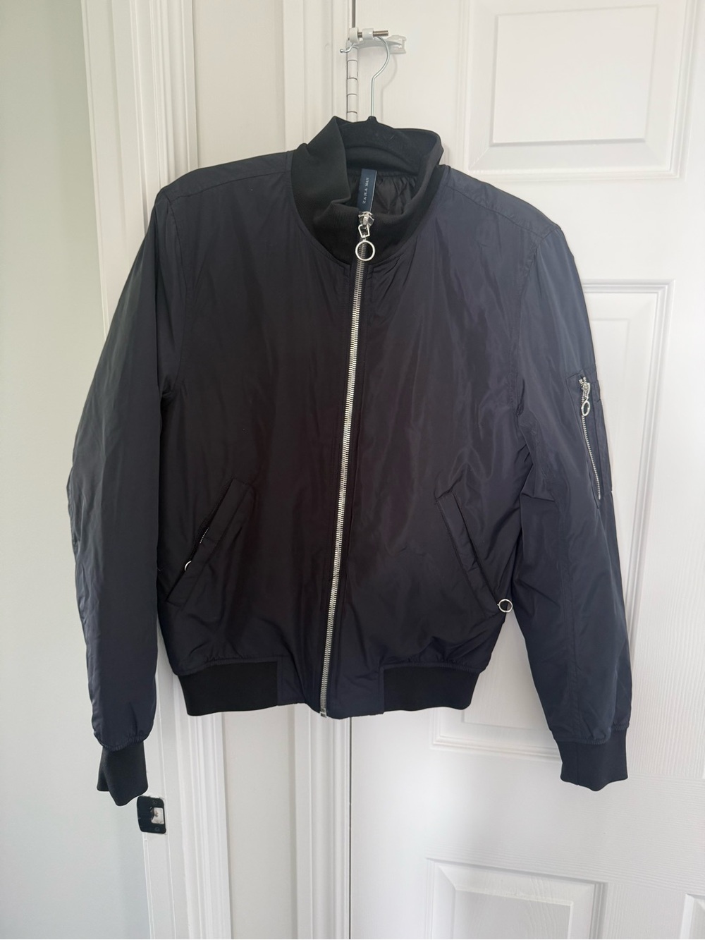 Zara Men's Navy Bomber Jacket with Silver Zipper
